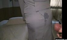 Jav cumshot lands on her business suit clothes!