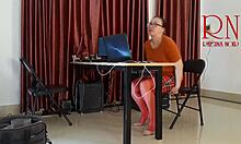 brunette secretary wife licks her juicy big pussy lips without panties in the office