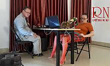 brunette secretary wife licks her juicy big pussy lips without panties in the office