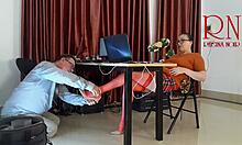 brunette secretary wife licks her juicy big pussy lips without panties in the office