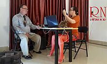 brunette secretary wife licks her juicy big pussy lips without panties in the office