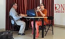 brunette secretary wife licks her juicy big pussy lips without panties in the office