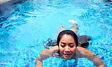 brunette thai bargirl girlfriend sucks cock for cumshot at pool villa