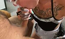 Latina Cleaning Lady Sucks Cock on Knees in Laundry Room