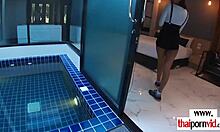 watch this asian teen 18+ stroke her boyfriend's big cock with feet?