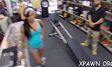 Bimbo having nasty sex in the shop with rough blowjob
