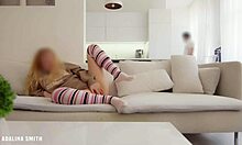 Blonde Girl Flashes And Masturbates On Sofa With Step Daddy Who Licks Her Pussy