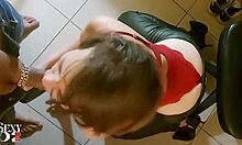 french amateur in red satin bodysuit and green leather pants