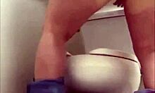 Brunette MILF Babe Sniffs Her Panties While Peeing And Humps Toilets In Public Bathroom