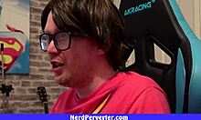 geek with glasses craves attention from two eager girls