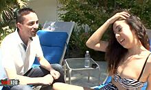 Latina teen goddess receives a cum facial after blowjob and fucking in bikini