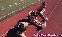 hey, check out these athletic lesbian teens in spandex fingering each other at the party 😍