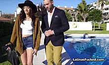 Braless latina bending over to earn free rent