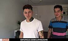 Latino hunk with tattoos tops a big dick boy in first time bareback
