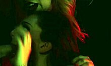 A scared teen was taken by a fierce milf. She used a huge black dildo to dominate.