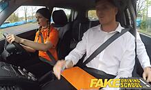 Fake driving school girl loves her big natural tits in pov sex