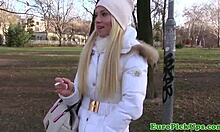 watch this euro slut get jizzed on outdoors in public, smoking and all?