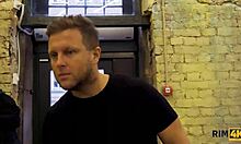 Sexy bombshell rims man's anus intensely.