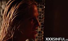 Irresistible blonde with big tits spreads for group banging after giving fellatio