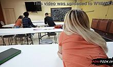 Sneaky sex unfolds in classroom with hot blonde flashing thong for big cock.