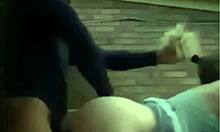 Bbcrhonnie vs white girl pussy in outdoor anal doggystyle with huge tits bent over.