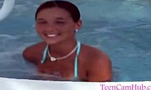 Big tits teen teases by the poolside bikini