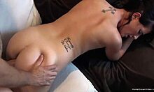 Amateur brunette girlfriend with small tits gets pussy licked and fucked hard in doggystyle by man.
