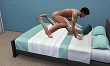 blue-haired slut watching a movie with stepfather, offering her pussy for anal sex