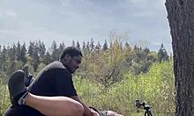 Remi, the sexy chubby bbw, rides a monster cock on a giant rock.