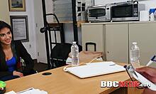 Interracial hardcore action features ebony boss in uniform dominating in shop setting