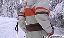Busty blonde skier bangs for cash at lodge.