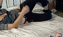 French amateur slut in leather pants seduces with doggy style blowjob and rimming