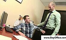 Office twink gives blowjob to hunk in fetish scene
