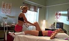 milf tricked virgin teen 18+ to her first orgasm with vibrator chair before lesbo sex.