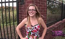 Nerdy cutie STRIPS BARE in Ybor City public spot. Shaved dream girl shocks onlookers!