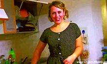 Bold retro Italian housewife gives intense kitchen blowjob to her husband, ending in cumshot.