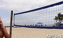 Teen babe offers her tight pussy to a lad for rough group action. She starts with intense ball licking.