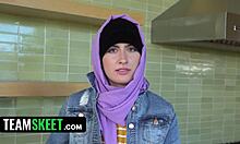 Arab slut in hijab teases boyfriend with solo play before kneeling to swallow him.