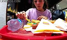 My step-brother invitess me to play with him while he controlls my lovense in public, spreading my legs.