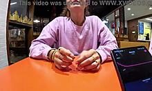 My step-brother invitess me to play with him while he controlls my lovense in public, spreading my legs.