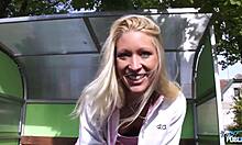 can you believe this pretty blonde begged the fake agent for more in public?