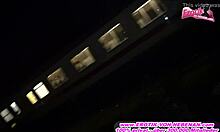 Crazy public walk with cum on face. German facial fun! 😈