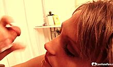 Irresistible curly brunette babysitter sucks like a pro in POV.