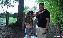 Condom handjob leads to climax in outdoor mmf threesome in forest