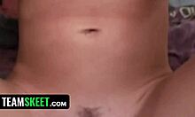 slender blonde teen pleasures herself with purple vibrator on bed in debut video