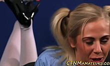 Pigtails teen in uniform and heels surprises with her skills in high definition CFNM scene