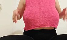 Cowgirl in pink top teases with big boobs hard