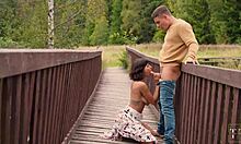 just blasted cum all over my fiancée's tits while out in the woods.