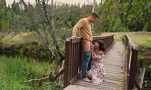 just blasted cum all over my fiancée's tits while out in the woods.