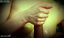 milf with natural tits gives perfect titjob and handjob on oiled big dick